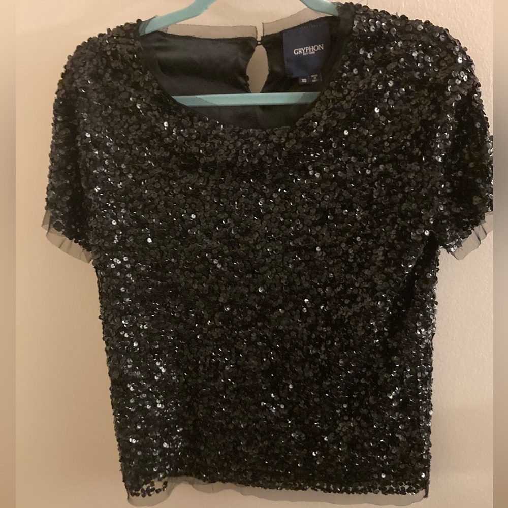 Gryphon Black Sequin Mesh Top - Xs - image 1